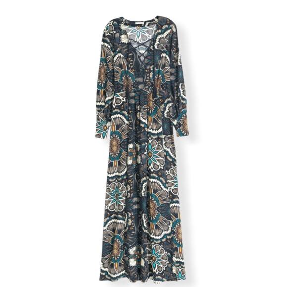 H&M Boho Goddess Maxi Dress Navy Print Lace Up Slit Thigh Size 8 Wedding Guest - Picture 3 of 12